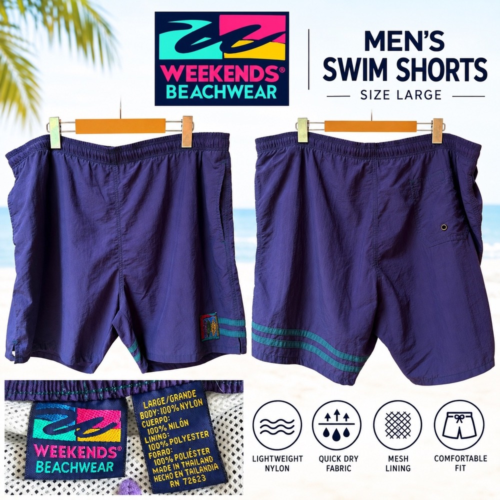 Weekends Beachwear Mens Vintage 90s Nylon Swim Shorts Purple Teal Large